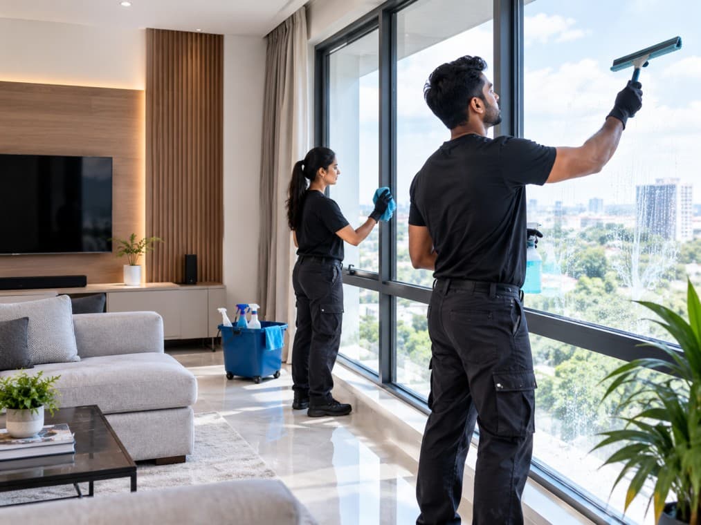 Window cleaners working on a commercial glass facade